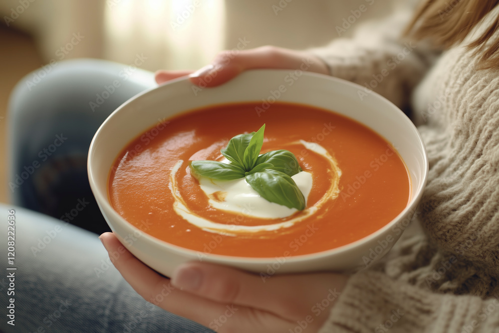 Lifestyle photo of a person relaxing with creamy tomato soup in a warm homey setting. Lifestyle photo of a person relaxing with creamy tomato soup in a warm homey setting.