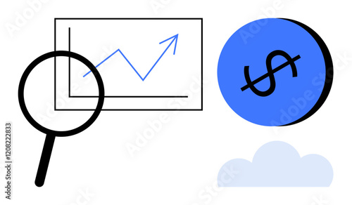 Magnifying glass examining a line chart with upward trend, large dollar sign, and cloud. Ideal for financial growth, investment opportunities, market research, economic trends, success metrics