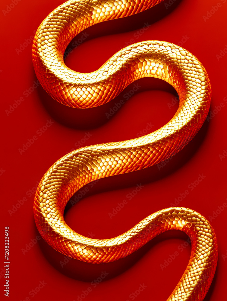 Obraz premium Close-up of a gold snake-shaped jewelry piece with a textured surface, elegantly curved on a vibrant red background. 