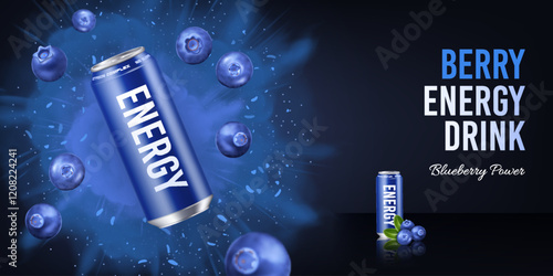 Realistic berry energy drink in an aluminum can with flying blueberries on a dark background. Banner concept for advertising fresh cold drinks with text