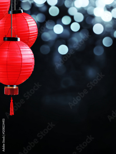 Festive Red Lanterns at Night - Three red paper lanterns hang against a blurred night background of soft bokeh lights.  A festive and celebratory image. photo