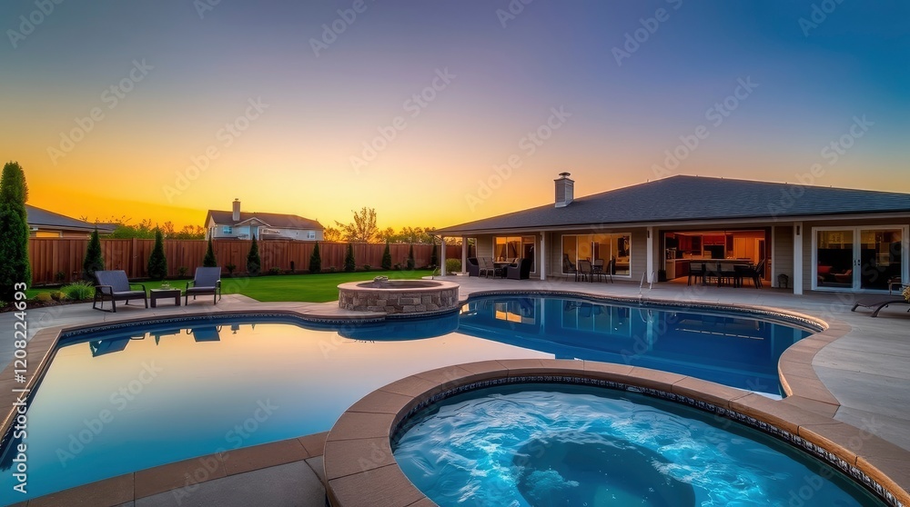 Fototapeta premium Sunset Serenity: Modern Home's Luxurious Pool and Spa