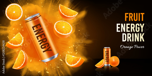Realistic energy drink in an aluminum can with flying orange slices on a dark background. Banner concept for advertising fresh cold drinks with text