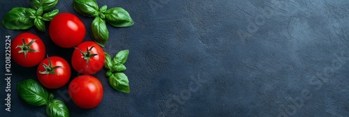 Panel kuchenny z motywem Fresh Tomatoes and Basil on Dark Background - Ripe red tomatoes and fresh green basil leaves arranged on a dark slate surface, creating a vibrant food image.