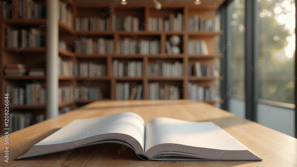 Closed Magazine Mockup, Library with towering shelves closed magazine on reading stand Closed Magazine Mockup, Library with towering shelves closed magazine on reading stand
