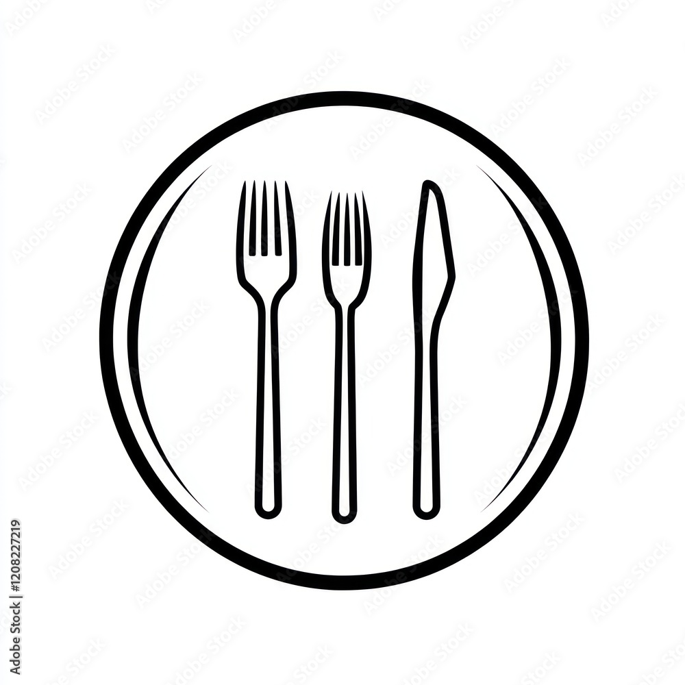 Dining icon with two forks and a knife within a circle symbol for restaurants and menus Dining icon with two forks and a knife within a circle symbol for restaurants and menus