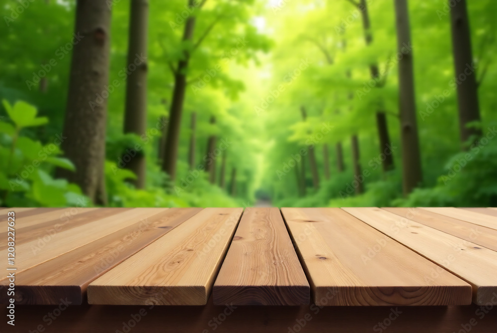 Generate an AI photo of a wooden board empty table in front of a blurred background of trees in a forest. Perspective brown wood over blur trees. The perspective should be suitable for use as a mocku Generate an AI photo of a wooden board empty table in front of a blurred background of trees in a forest. Perspective brown wood over blur trees. The perspective should be suitable for use as a mocku