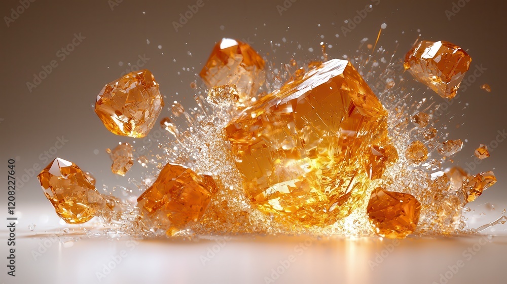 Amber cubes splashing, liquid explosion. Amber cubes splashing, liquid explosion.