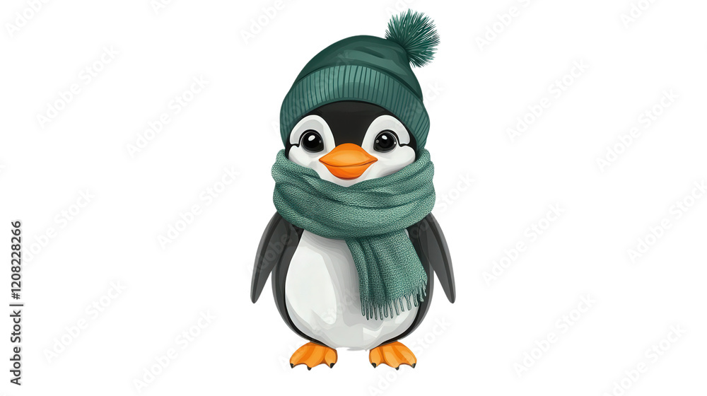 Fototapeta premium penguin in green cap and scarf, isolated, transparent, png, background