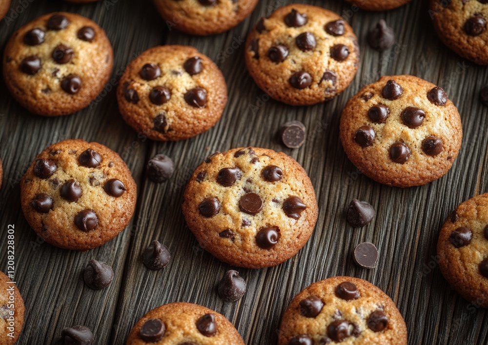 Freshly Baked Chocolate Chip Cookies Arranged on a Wooden Background Freshly Baked Chocolate Chip Cookies Arranged on a Wooden Background