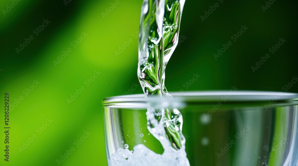 Refreshing Water Pour: A Serene Glass and Lush Green Background Refreshing Water Pour: A Serene Glass and Lush Green Background