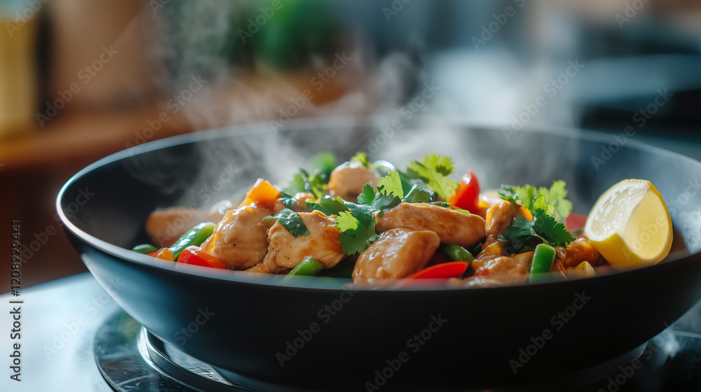 Elevated shot of steaming chicken wok with herbs and bold colors in a black bowl, using artificial daylight lighting. Elevated shot of steaming chicken wok with herbs and bold colors in a black bowl, using artificial daylight lighting.