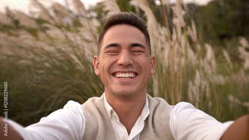 Smiling Hispanic male enjoying nature, capturing a joyful selfie amidst tall grass and a warm sunset.