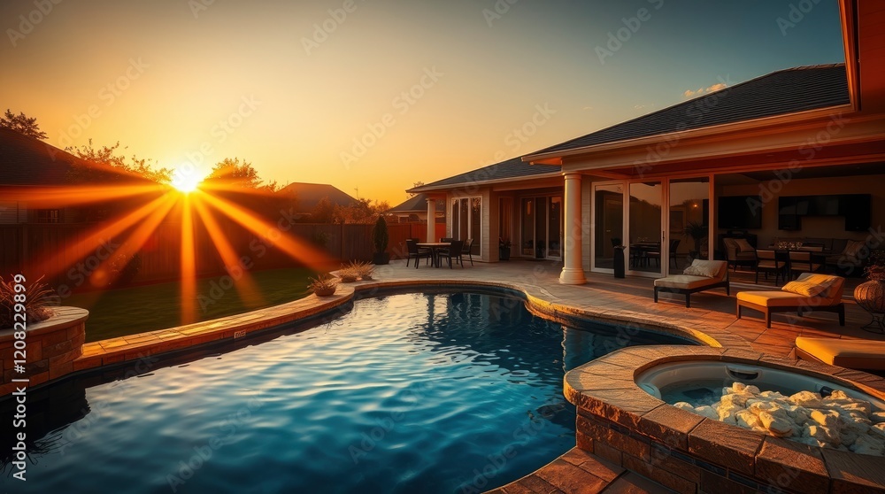 Fototapeta premium Sunset Serenity: Backyard Pool and Patio Oasis