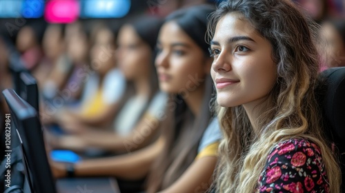 Focused Young Women in a Computer Lab photo