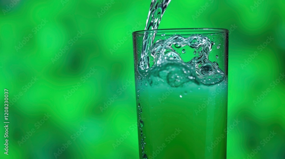 Refreshing Green Beverage Pour: Bubbly Liquid in Glass, Vibrant Nature Refreshing Green Beverage Pour: Bubbly Liquid in Glass, Vibrant Nature