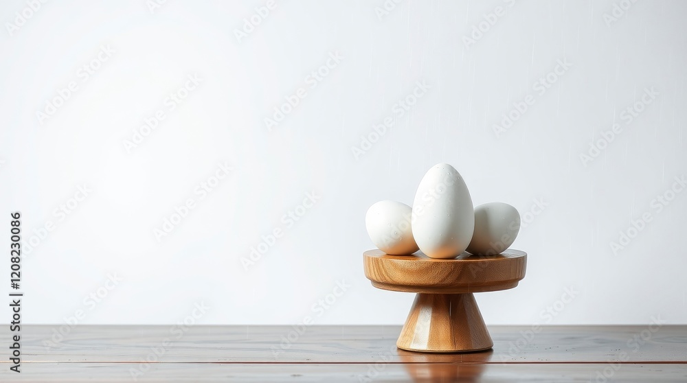 Serene White Eggs on Wooden Cake Stand: Minimalist Still Life Serene White Eggs on Wooden Cake Stand: Minimalist Still Life