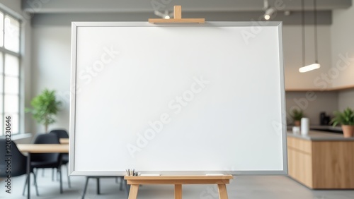 Wallpaper Mural Flipchart Mockup, Modern office space with a clear flipchart on a wooden stand emphasizing its white surface. Torontodigital.ca