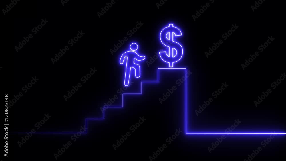 Career growth development concept. Motivation to success and achieve work target to reach goal on top. a person climbing stairs with a glowing neon effect 