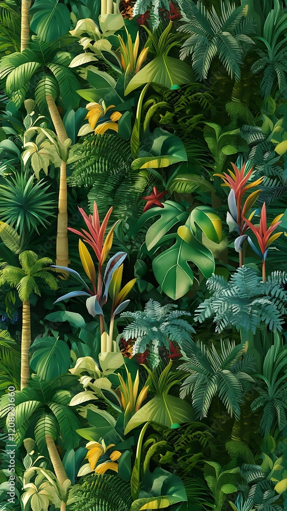 Fototapeta premium Tropical wallpaper, Tropic trees and leaves, wallpaper design for digital printing- 3d illustration