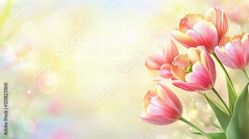 Beautiful Pink Tulips on Blurred Sunny Spring Background