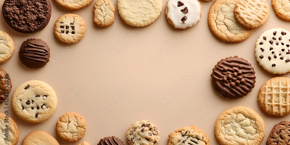 Cookie Border Delight: An assortment of delicious cookies create a delightful border, leaving a blank space perfect for text or design. A variety of textures and flavors are showcased. Cookie Border Delight: An assortment of delicious cookies create a delightful border, leaving a blank space perfect for text or design. A variety of textures and flavors are showcased.