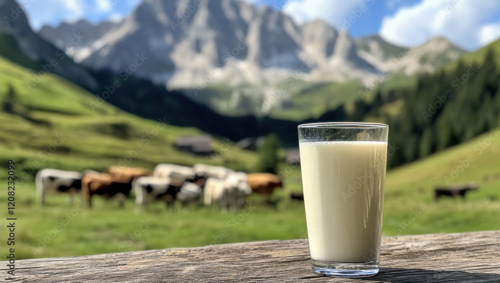 A glass of milk sits on a weathered wooden table amidst a lush green landscape. Cows graze peacefully in the background, and majestic mountains loom under a bright blue sky. A glass of milk sits on a weathered wooden table amidst a lush green landscape. Cows graze peacefully in the background, and majestic mountains loom under a bright blue sky.