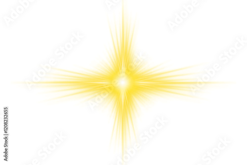 Yellow glowing light burst, lens flare effect on transparent background. Glowing sunlight explodes. Magic  sparkle light with rays. Flare, shining star. bright sun, Sunburst, Radiant light beams, PNG 