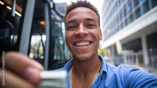 A cheerful young man of mixed ethnicity holds a bus ticket, smiling brightly, showcasing the joy of commuting in an urban setting. Free Download A cheerful young man of mixed ethnicity holds a bus ticket, smiling brightly, showcasing the joy of commuting in an urban setting. - GFXLoad