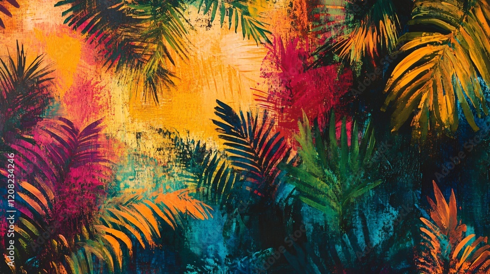 Vibrant tropical foliage in a mix of colors creating a lively, artistic atmosphere. Vibrant tropical foliage in a mix of colors creating a lively, artistic atmosphere.