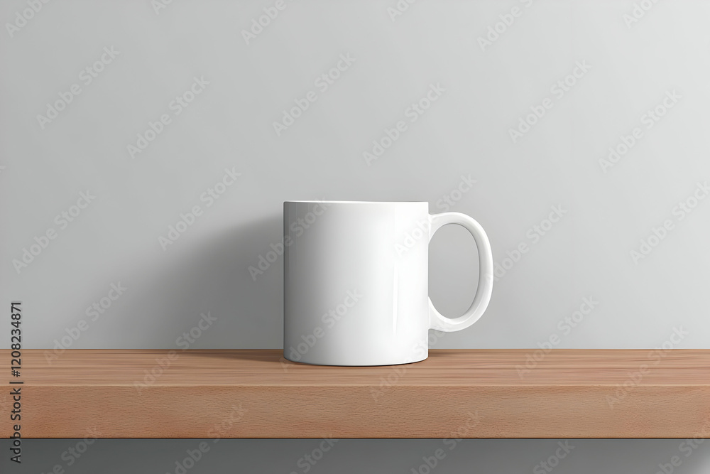 White Mug on Wooden Shelf 3D Render White Mug on Wooden Shelf 3D Render