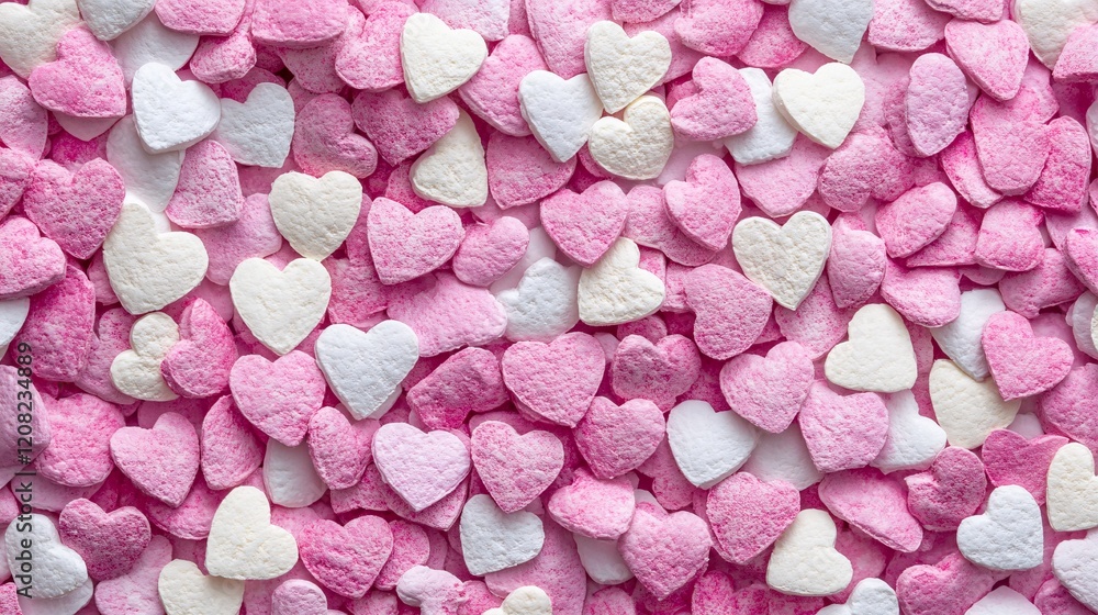 Obraz premium Colorful pink and white heart-shaped candies scattered, perfect for romantic occasions.