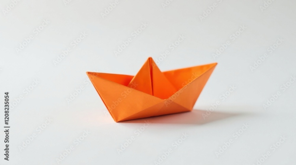 A Small Orange Paper Boat on a Plain White Background, a Simple Craft Item Representing Childhood Innocence and Creative Imagination