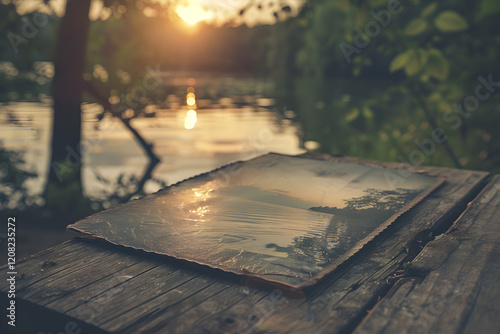 Cherished Family Picnic by the Lakeside at Sunset, a Nostalgic Glimpse into Past Summers, Captured on Fading Photograph on Wooden Table photo