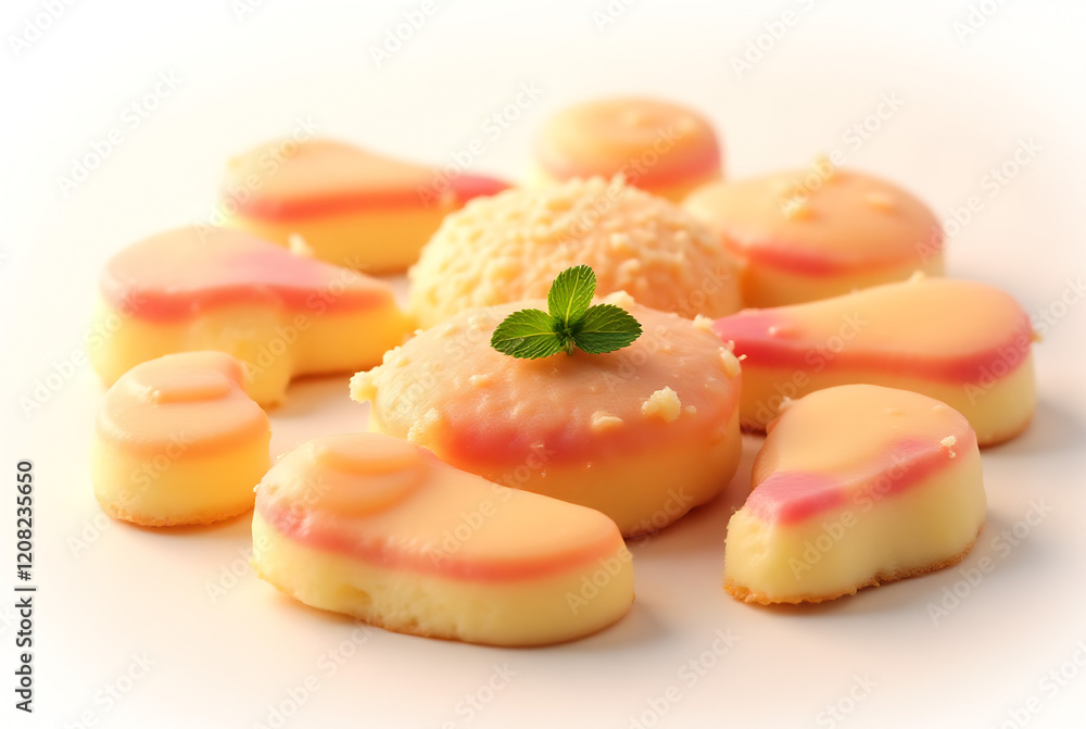 High-resolution, detailed image of assorted cakes and sweets, isolated on a white background. Focus on textures and colors. Depth of field should be shallow, highlighting the centerpiece. Warm, inv High-resolution, detailed image of assorted cakes and sweets, isolated on a white background. Focus on textures and colors. Depth of field should be shallow, highlighting the centerpiece. Warm, inv