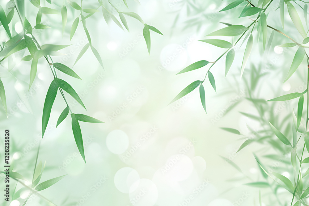 Fototapeta premium Bamboo Sprigs in Sunlight: A serene background featuring delicate bamboo sprigs silhouetted against a soft, ethereal glow. Perfect for projects seeking a touch of nature, peace, and tranquility.