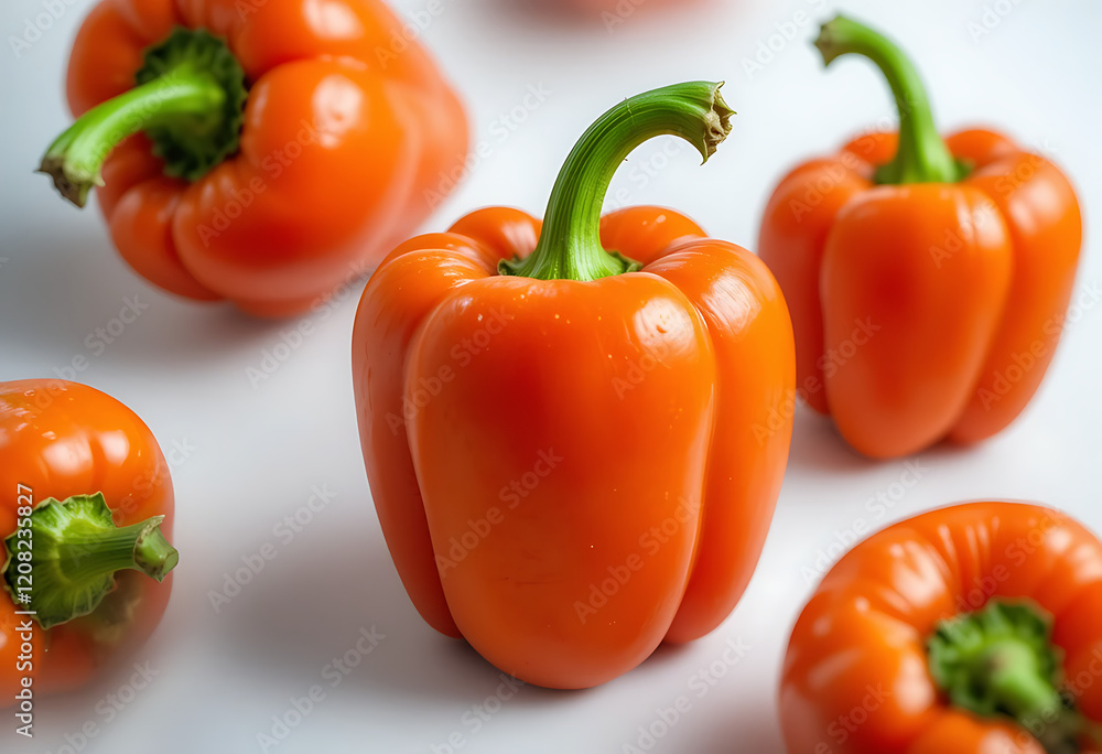 Orange bell peppers, vibrant, glossy, fresh produce, green stems, white background, macro photography, hyper-realistic, food illustration, culinary art, organic vegetables, Orange bell peppers, vibrant, glossy, fresh produce, green stems, white background, macro photography, hyper-realistic, food illustration, culinary art, organic vegetables,