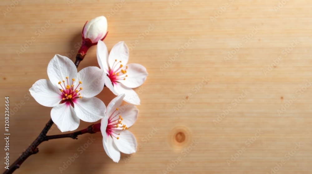 Delicate almond blossoms on a light wood surface, showcasing springtime's gentle arrival Delicate almond blossoms on a light wood surface, showcasing springtime's gentle arrival