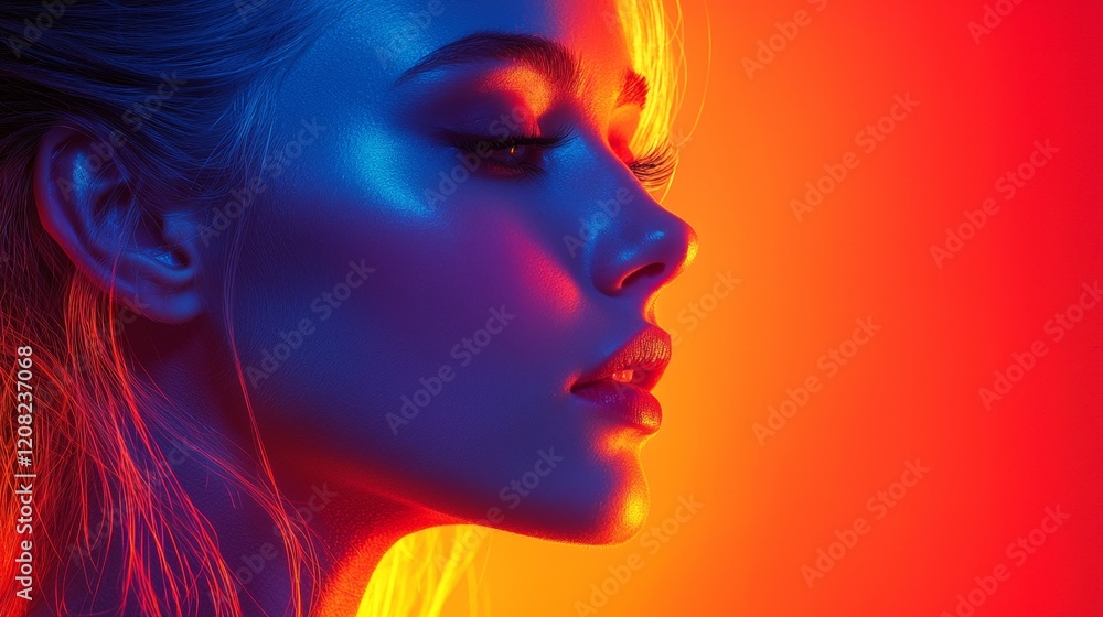 Portrait of a woman in vivid lighting with blue hues Portrait of a woman in vivid lighting with blue hues