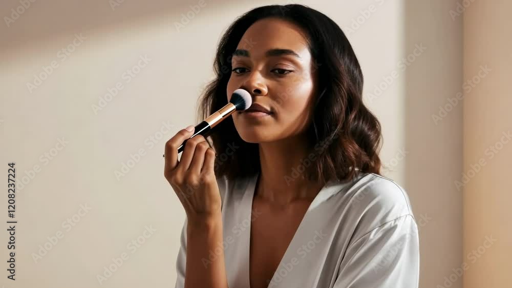 Woman enjoys morning routine with makeup brush in bright interior setting Woman enjoys morning routine with makeup brush in bright interior setting