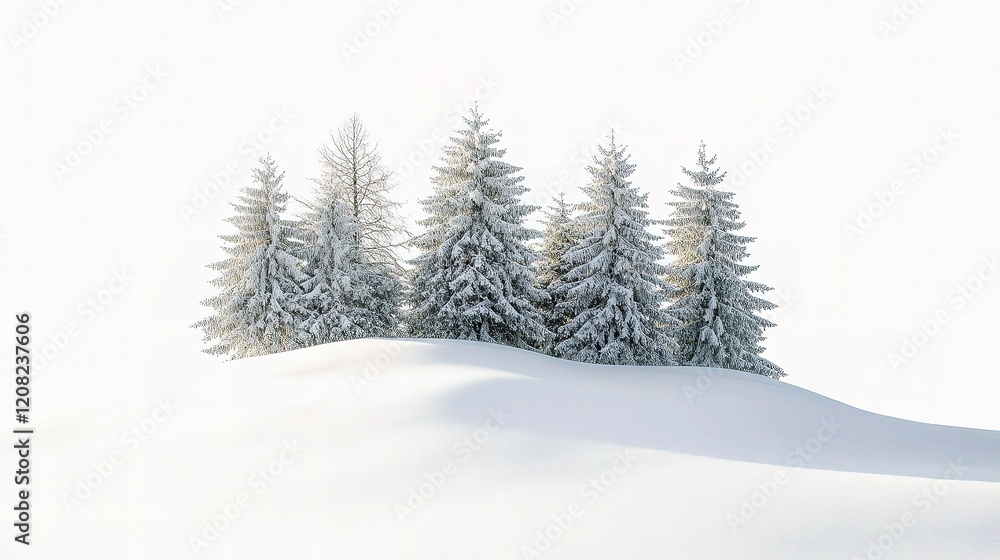 Tranquil Snow-Covered Landscape with Isolated Evergreen Trees Tranquil Snow-Covered Landscape with Isolated Evergreen Trees