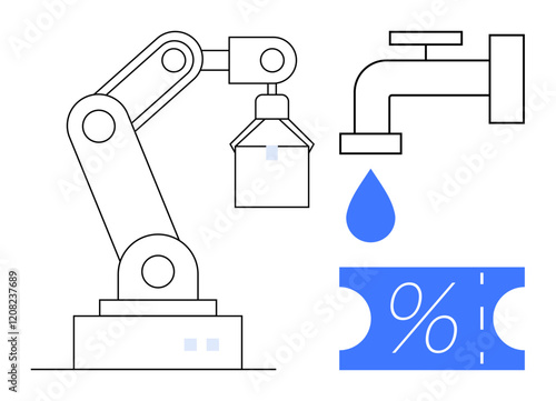 Industrial robotic arm operating, water faucet with droplet, and discount coupon expressing concepts of industry, automation, efficiency, savings, manufacturing, resource management. Ideal for tech