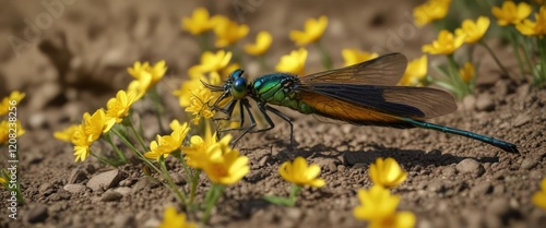 Banded demoiselle sipping nectar from bright yellow petals, insect, England, banded demoiselle photo