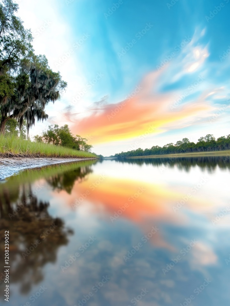 Obraz premium Savannah Sunset Reflection - Serene sunset over calm water, reflecting vibrant colors. Tranquil nature, peaceful atmosphere, wildlife habitat. Beautiful sky, lush vegetation.