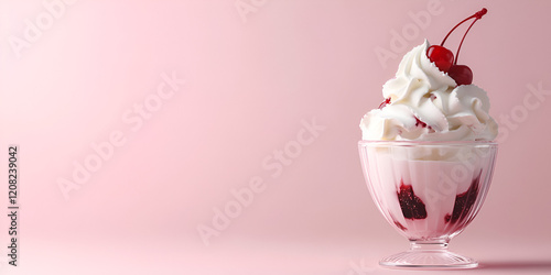 Wallpaper Mural Cherry Ice Cream Sundae: A decadent cherry ice cream sundae, complete with fluffy whipped cream and glistening cherries, sits in a clear glass dish against a soft pink backdrop. Torontodigital.ca