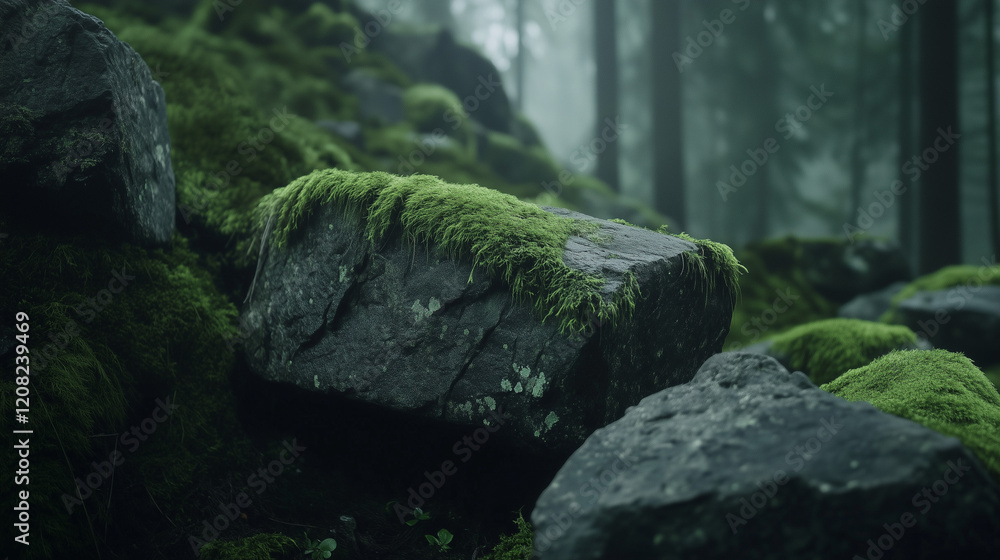 Lush moss-covered rocks in a dense forest during early morning mist Lush moss-covered rocks in a dense forest during early morning mist