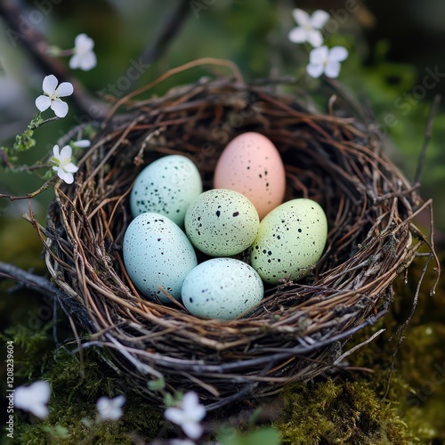 Woven nest with pastel Easter eggs on the forest floor