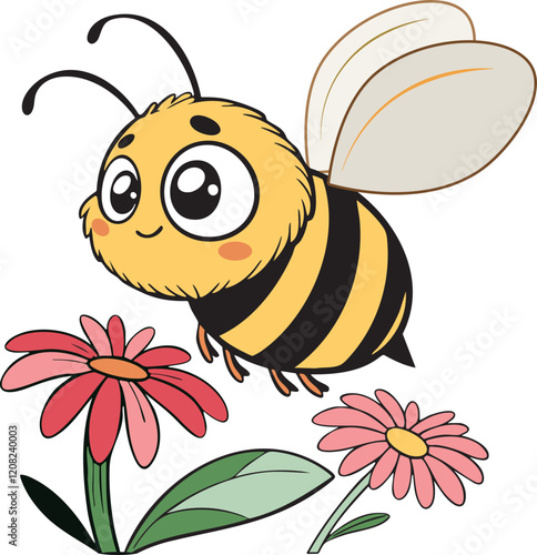 PA cartoon bee is flying over a flower. The bee is yellow and black. The flower is pink