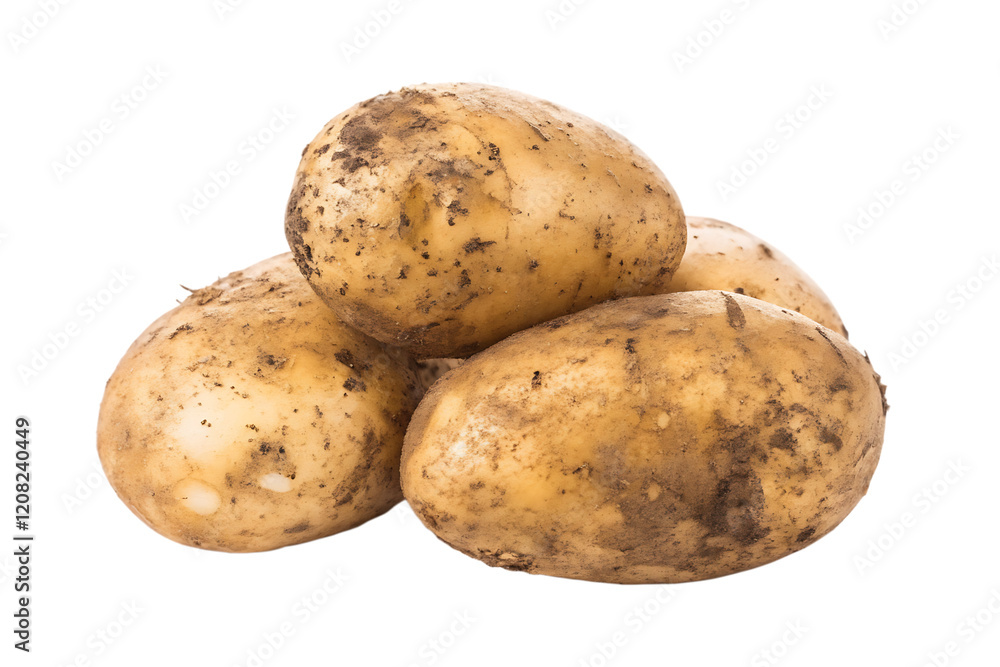 Raw unwashed potatoes with soil isolated on white background PNG.AI GENERATED Raw unwashed potatoes with soil isolated on white background PNG.AI GENERATED