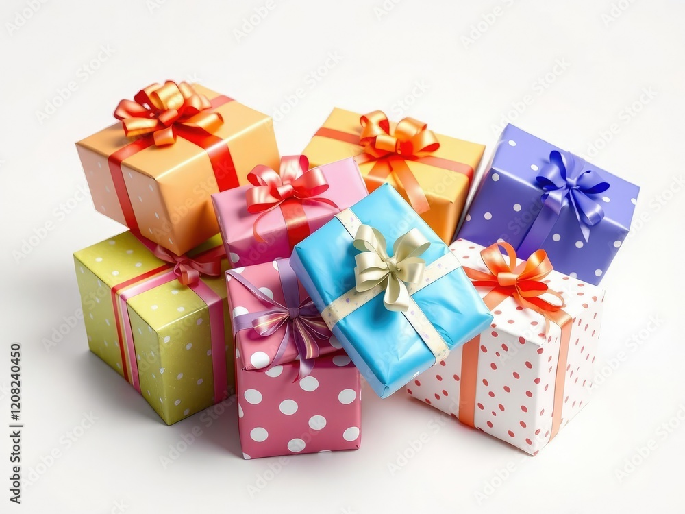 Fototapeta premium Birthday gifts wrapped in colorful paper and ribbons, ribbons, gift wrapping